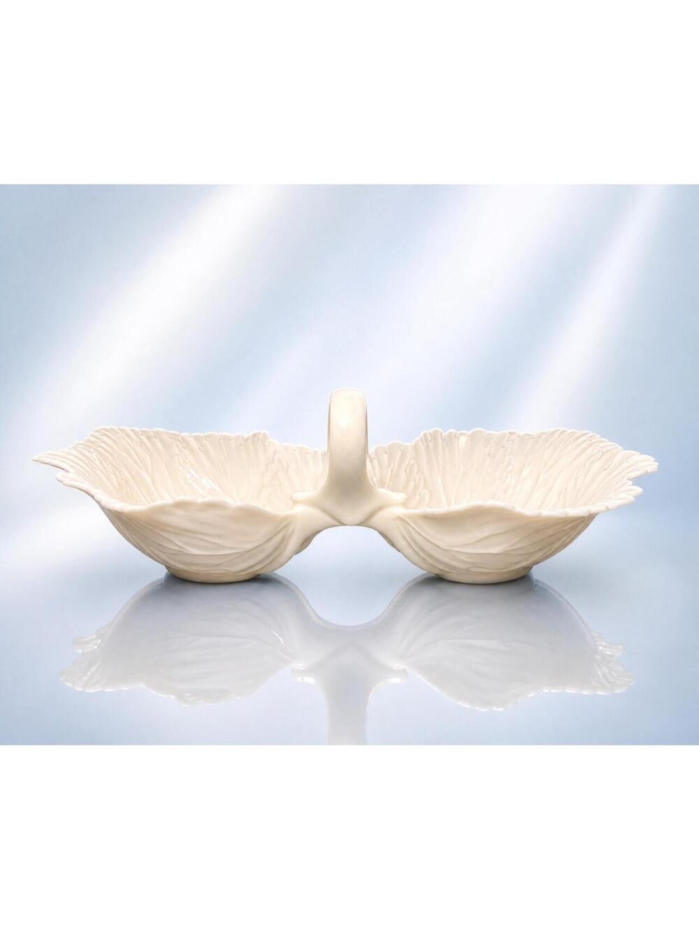 Lenox 1940s Monticello Ivory Porcelain Double Leaf Candy Dish W/Handle, 10x5.5”